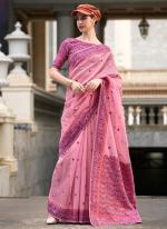 Soft Linen Cotton Pink Casual Wear Printed Saree